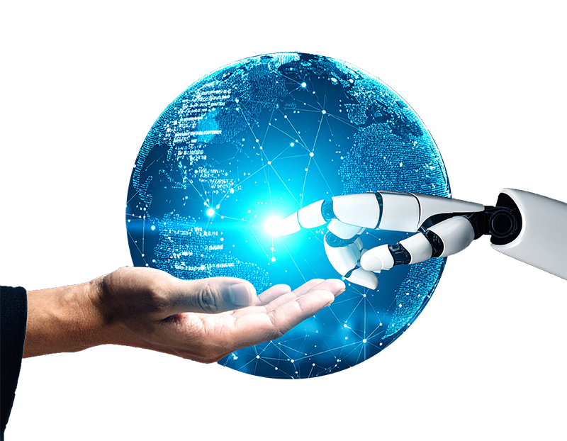 An image of a human hand reaching out to a cyborg hand for data.