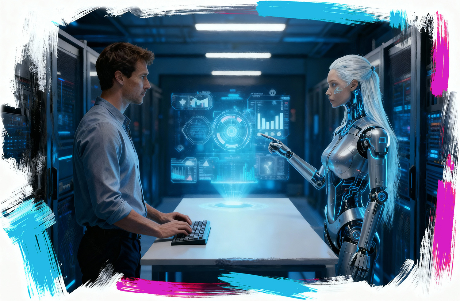 An image of a man at a terminal working with a virtualization of Cyrci, our AI Agent.