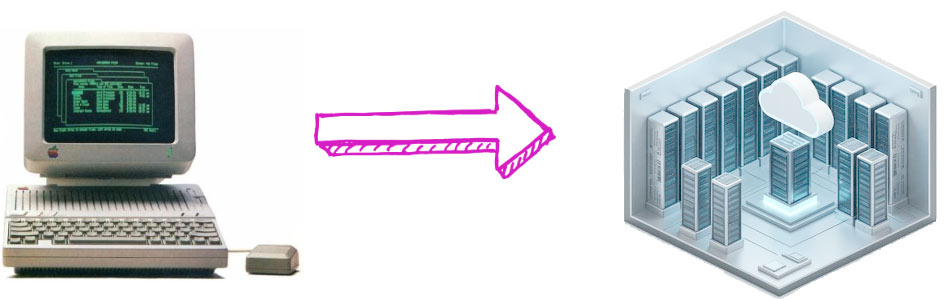 An image showing an old computer and a modern server room.