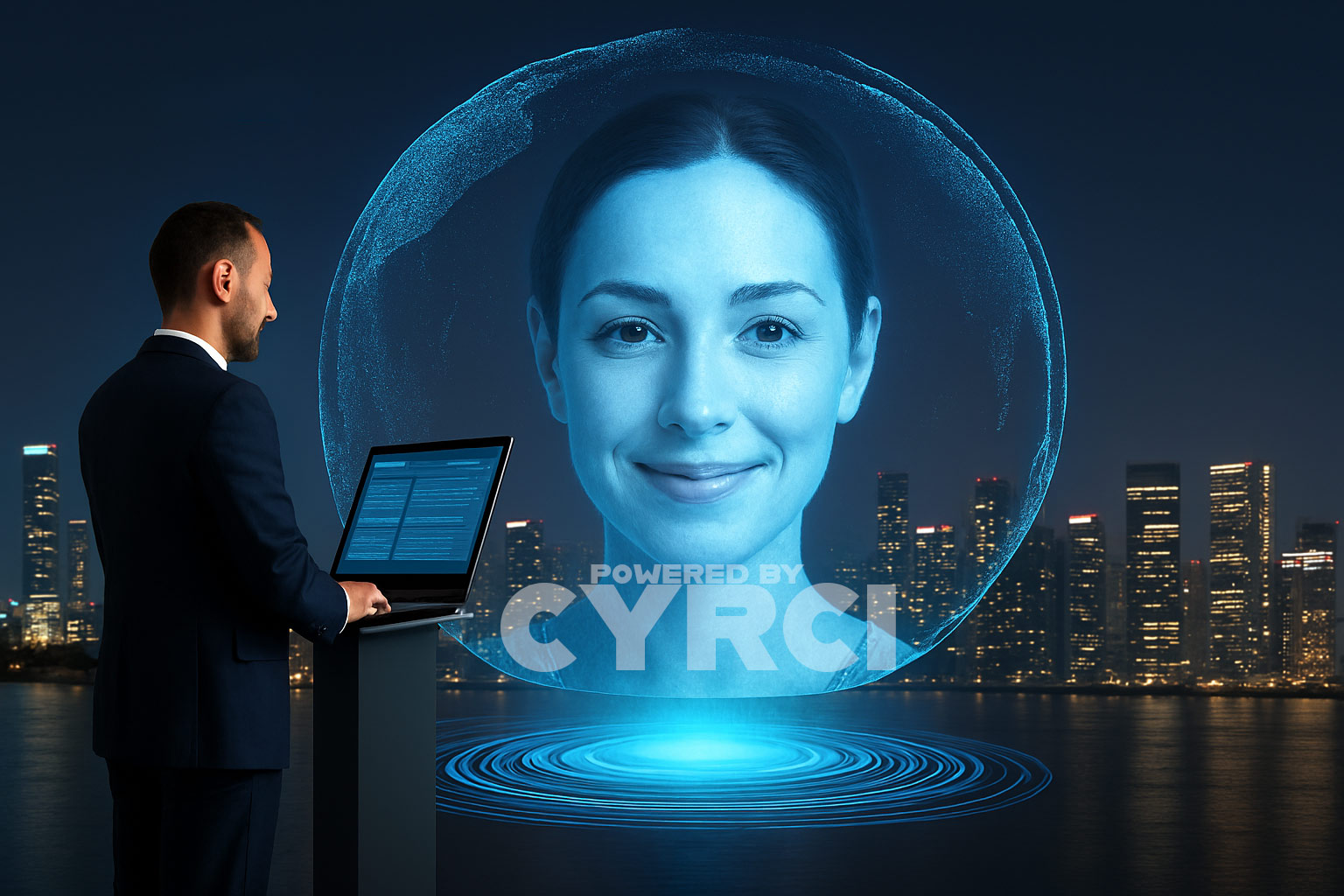 An image of a man at a terminal coding, aided by the large hologram of Cyrci, our AI Agent.